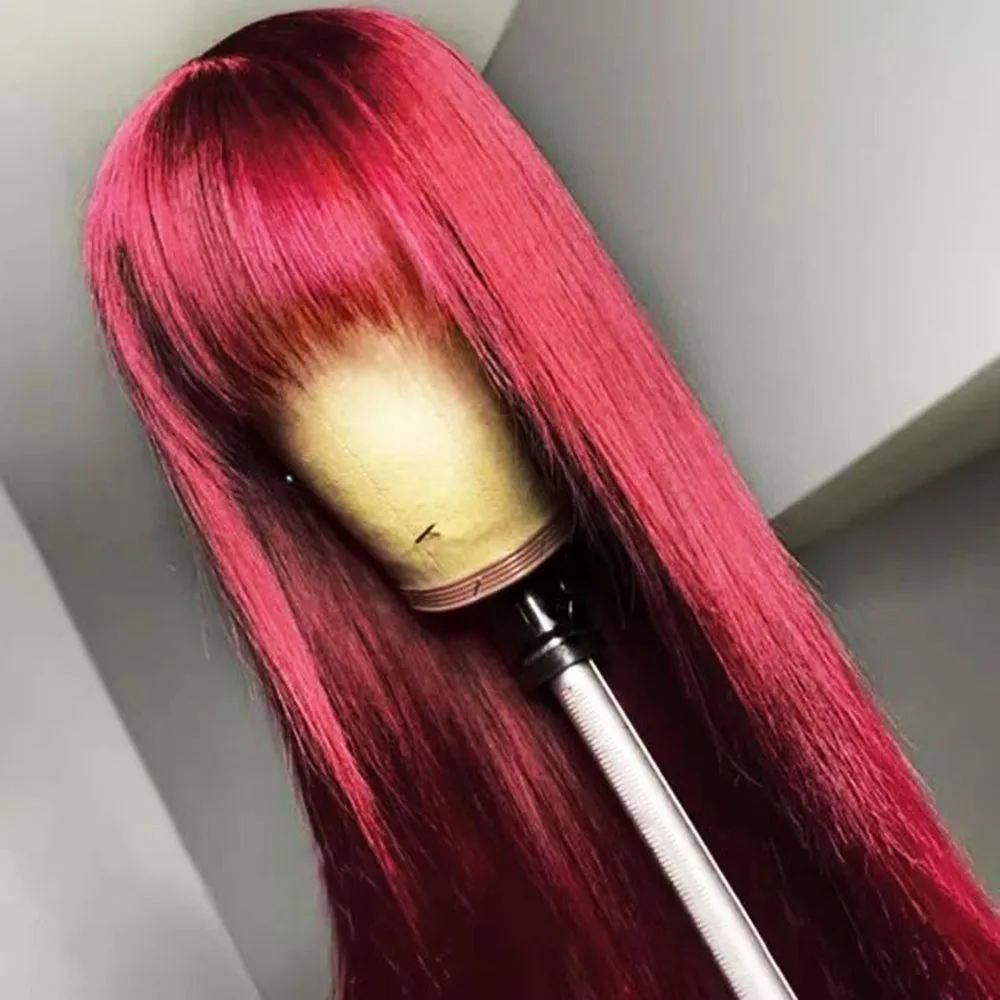 RONGDUOYI Burgundy Straight Synthetic Wig with Bangs Long Hair Silk Straight Wine Red Heat Resistant Fiber Cosplay Makeup Wigs