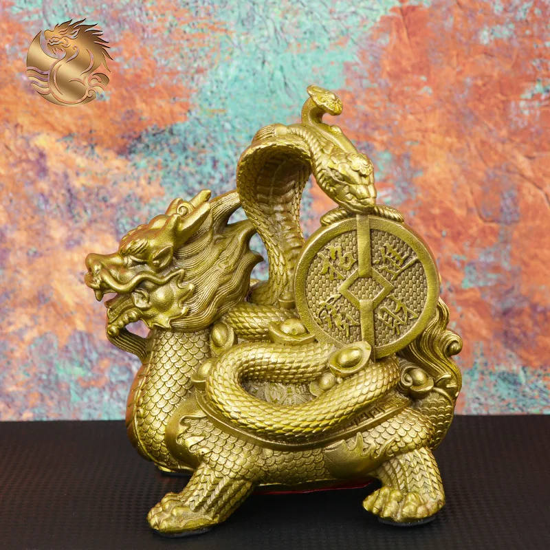 All-brass Xuanwu Dragon Turtle, an ornamental piece for the office, home, or entryway, featuring the Xuanwu deity and a dragon t