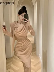 Ezgaga Temperament Dresses Women Bow Bandage Swinging Collar Flare Long Sleeve Solid Vintage Elegant Dress French Style