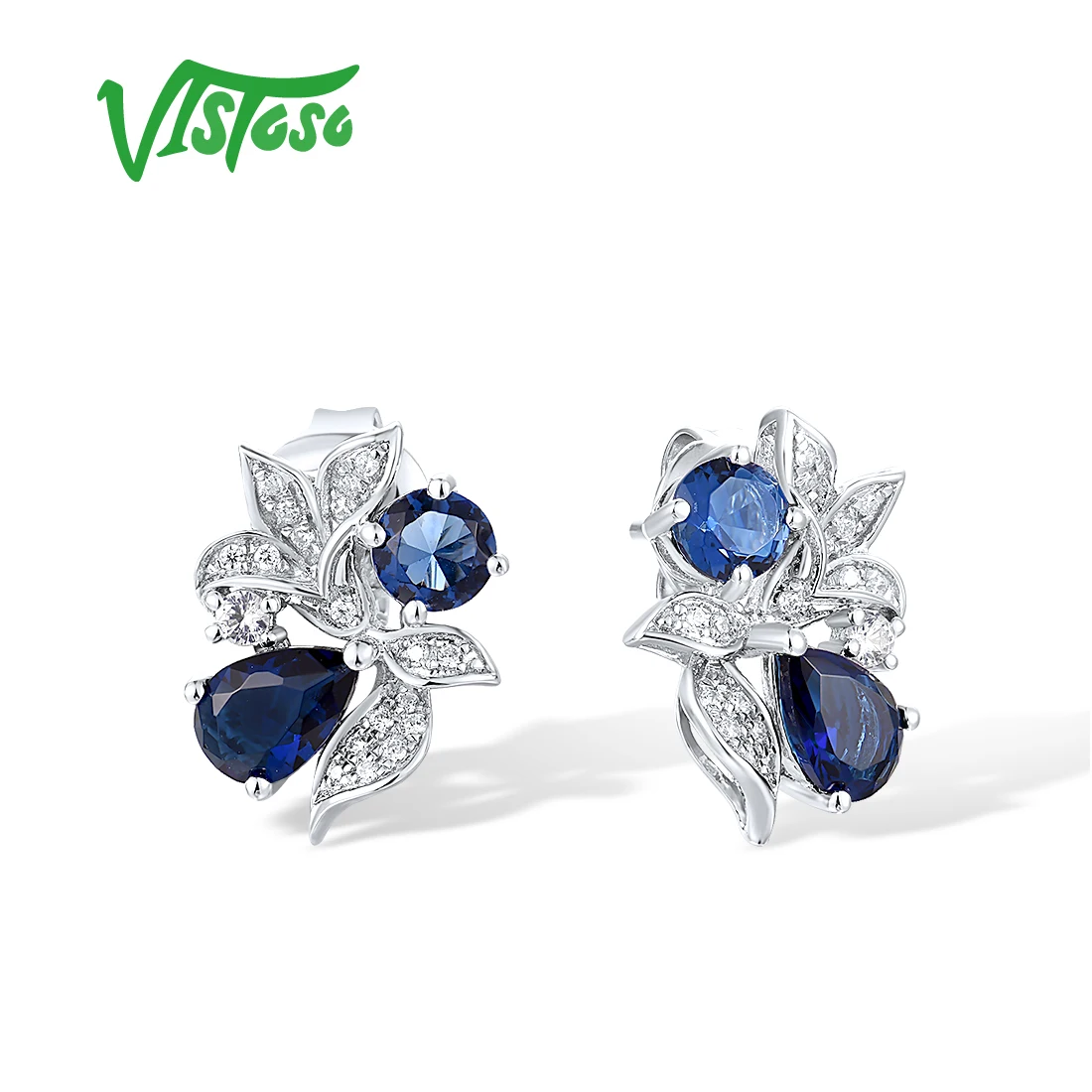 

VISTOSO Pure 14K 585 White Gold Stud Earrings For Women Sparkling Diamond Blue Sapphire Delicate Flower Wedding Fine Jewelry