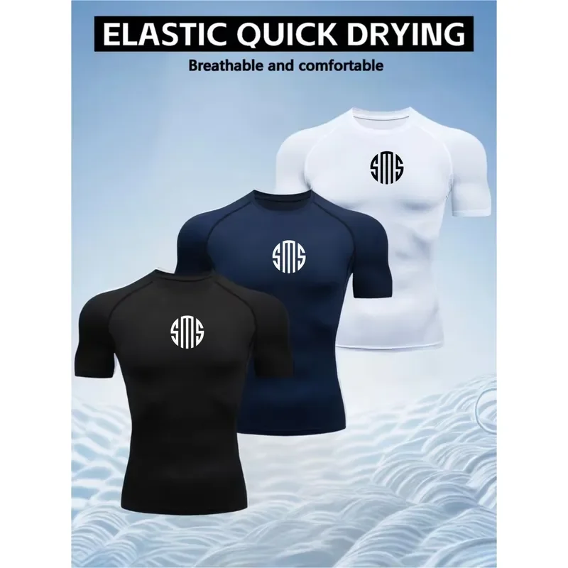 Men's Fashionable Printed 3-Piece Sports Tight Suit with Short Sleeves Breathable Moisture-Wicking Quick-Dry Fabric Muscle