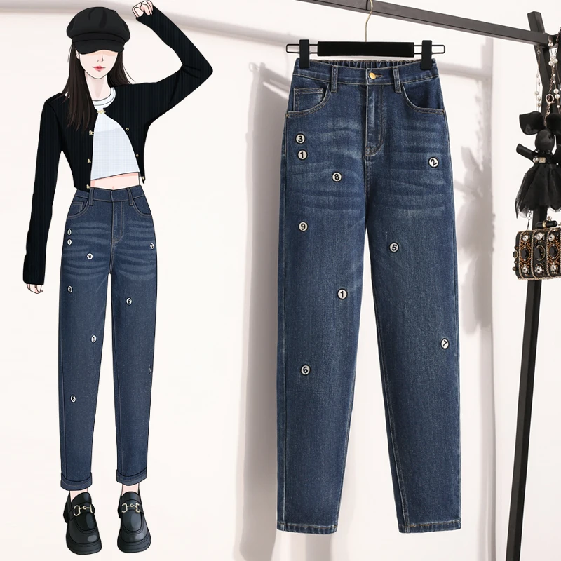 High Waist Loose Fit Embroidered Elastic Denim Pants Women's plus Size Dad Style Harlan Trousers Casual Long Pants Button