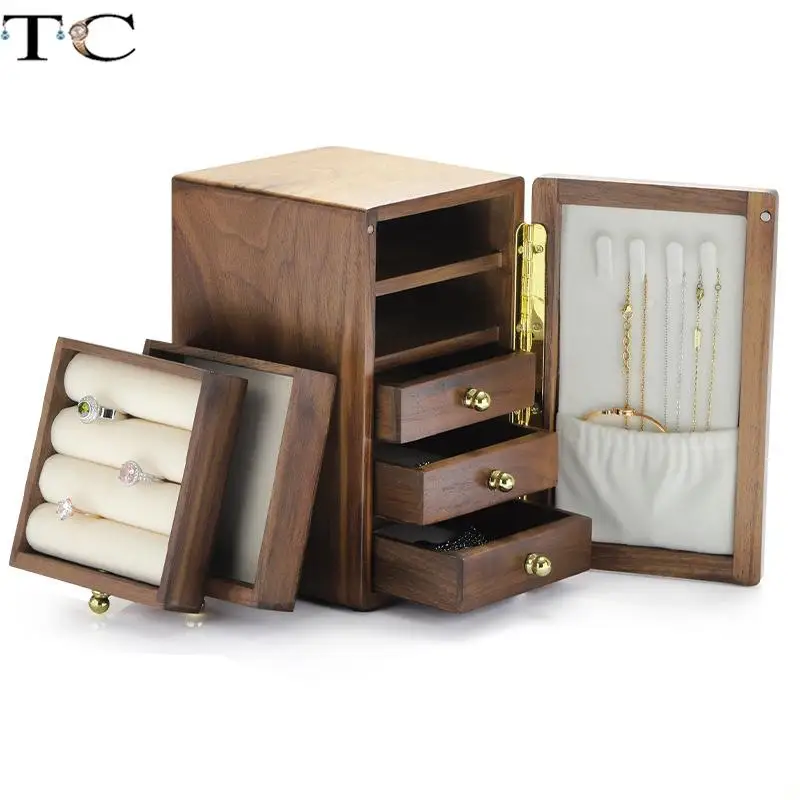 

Wood Jewelry Storage Box Multi-Layer Large Capacity Ring Earring Organizer Boxes Necklace Brooch Cufflinks Collection Holder