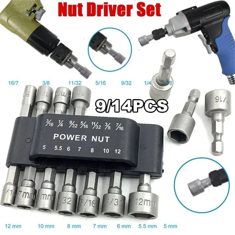 

9/14Pcs Hex Socket Sleeve Nozzles Nut Driver Set Drill Bit Adapter Wrench Hexagonal Handle Socket Wrench Sleeve Repair Bits