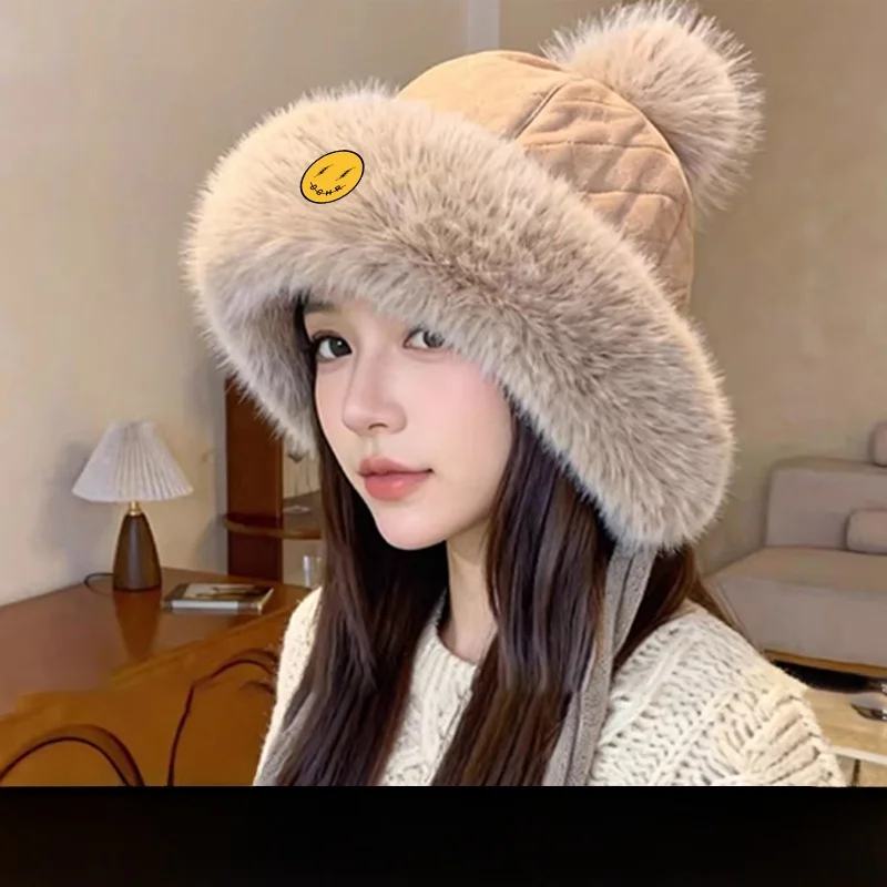 裏起毛厚手冬用帽子-レディース-暖かい耳当て付き-カジュアル-ボールトップ-ユニセックス-キャップ-若者向け-デイリーウェア-秋冬