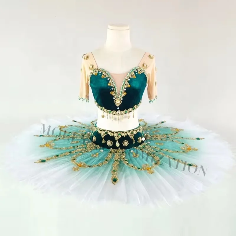 

High-end dark green gradient pirate dancer variation split ballet performance competition skirt tailored for adults and children