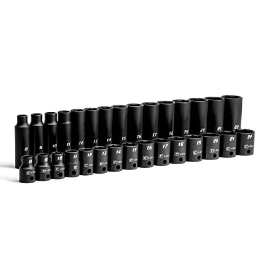 

3/8-Inch Drive Shallow and Deep Impact Socket Set Metric 8 to 22 mm Premium Chrome Molybdenum Steel 30-Piece
