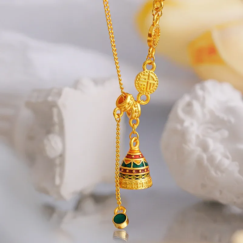 Women's Necklace 9999 24K Real Gold Ancient French Chaoyuanfu Wishing Set Chain New Chinese Design Enamel Color Craft