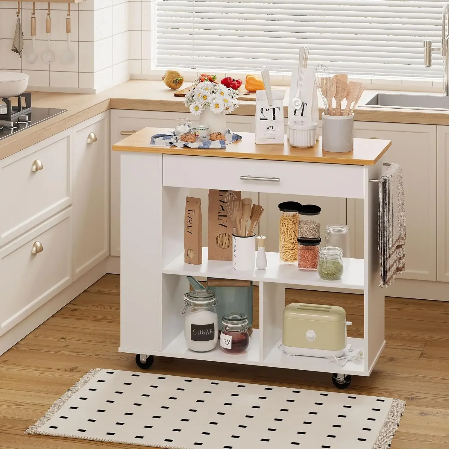 

Kitchen Island Wheels with Large Work Countertop Island & Cart with 3-Tier Spice Rack 3 Open Shelves and 1 Drawer White