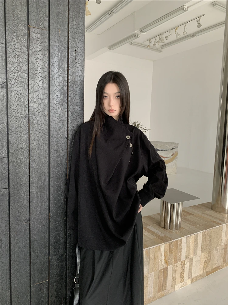 CHEERART Irregular Black Oversized Designer Shirt For Women Long Sleeve Top High Fashion Trending Clothing