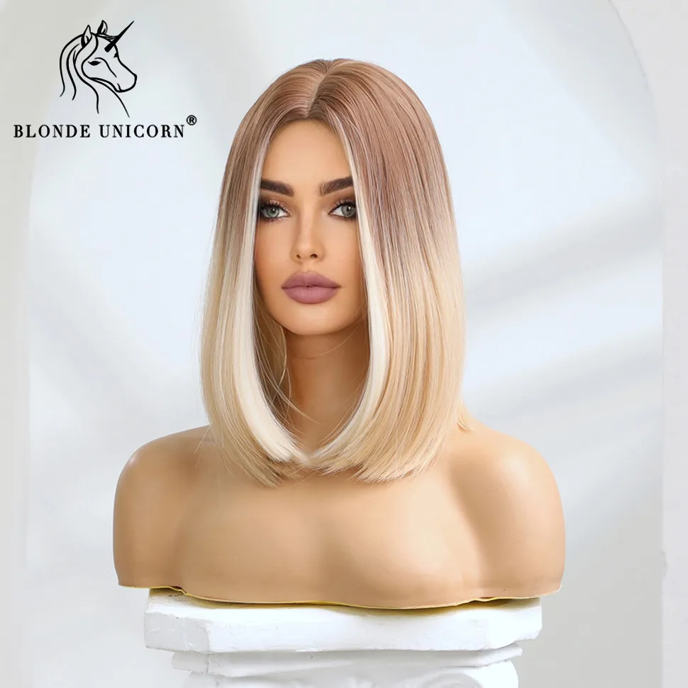 Blonde Unicorn Synthetic Wig Medium Long Ombre Blonde to Platinum For Women Daily Party Cosplay Wigs Heat Resistant Fiber Hair