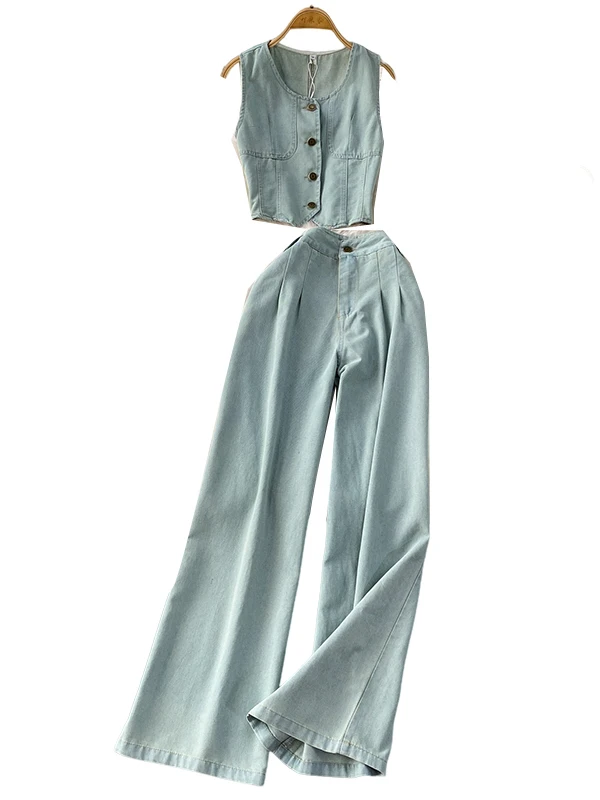 

Комплект широких брюк для похудения Ele с высокой талией и дизайном на одной пуговице, джинсовый жилет, модный женский комплект из двух предметов...