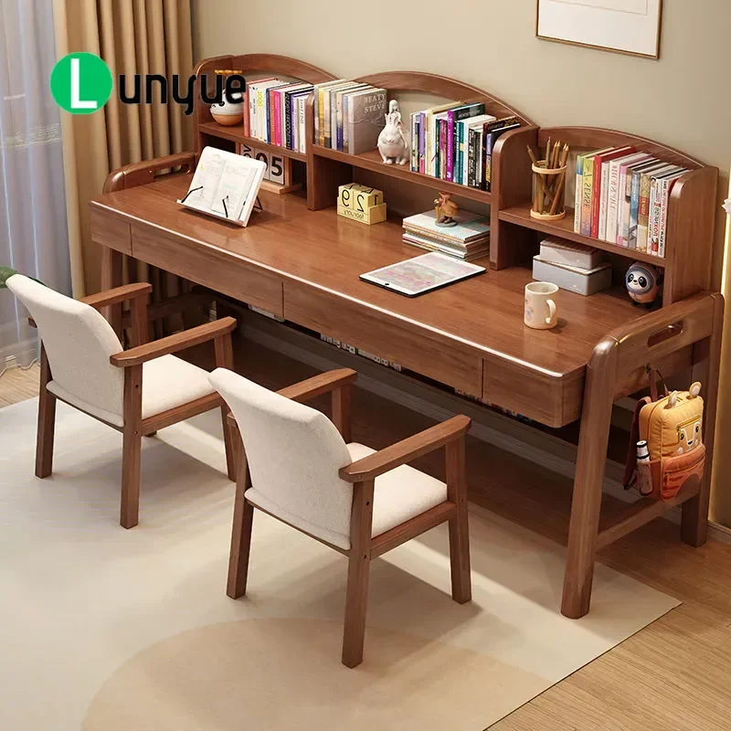Children's desk bookshelf combination solid wood double study table household bedroom primary and secondary school students