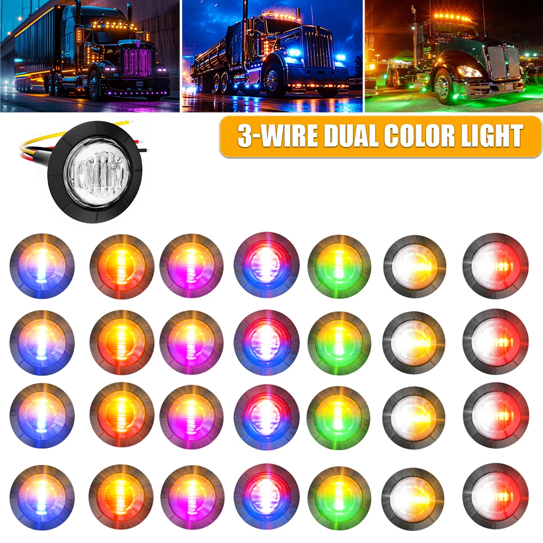 

PSEQT 10Pcs Dual Color 3/4" Round LED Side Marker Lights Truck Trailer Side Fender/Cab Roof Indicators Clearance Light 12V