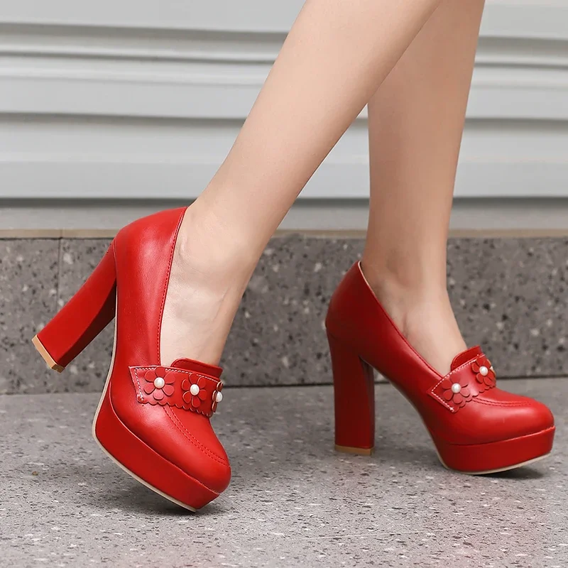 الحلو كاندي الألوان الانزلاق على الزهور اللؤلؤ الأميرة مضخات كتلة عالية الكعب 9 سنتيمتر المدرسة 2025 حفلة فتاة كبيرة أحذية الطفل 7 + y #2