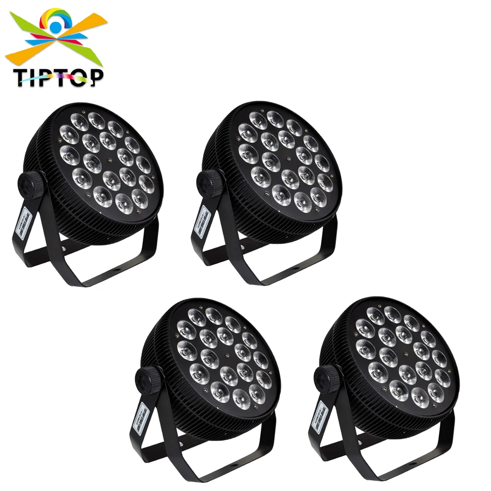 TIPTOP 4 Pack 18x18W 6 Color Aluminum Flat Stage Led Par Light Fan Cooling DMX512 Control Sound Activated Uplight for Events