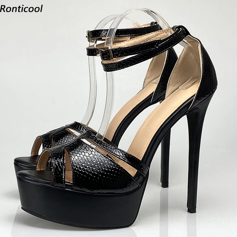 Ronticool Handmade Women Platform Sandals Ankle Strap Stiletto Heels Peep Toe Beautiful Black Party Cosplay Shoes US Size 5-20