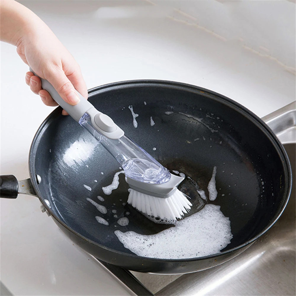 Automatic Liquid Addition Sponge Dishwashing Brush Long Handle Wash Artifact Non-Stick Oil Kitchen cleaning brush