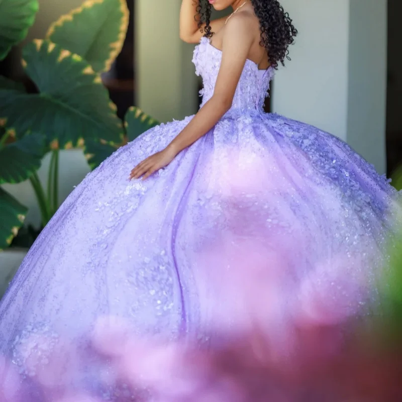 

Shiny lavender Quinceanera Dress Lace layering off-shoulder crystal decal 3D flower Tull vestidos de 15 Quinceanera ﻿Customized