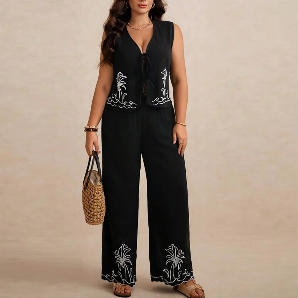 Plus Size Casual Coconut Tree Print Women Long Pants 2-Piece Set Lace Up Cardigan Sexy V-Neck Sleeveless Vacation Holiday Sets