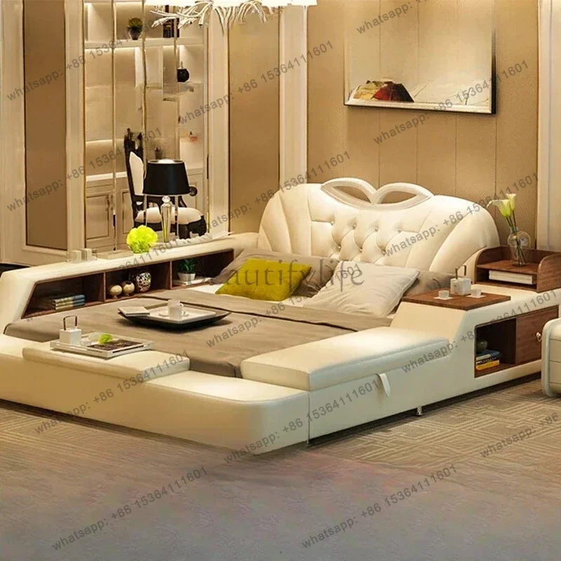LJY Queen Size Storage Double Bed Modern Nordic Master Multifonction Frame Double Bed White Luxury Letto Matrimoniale Room Furni