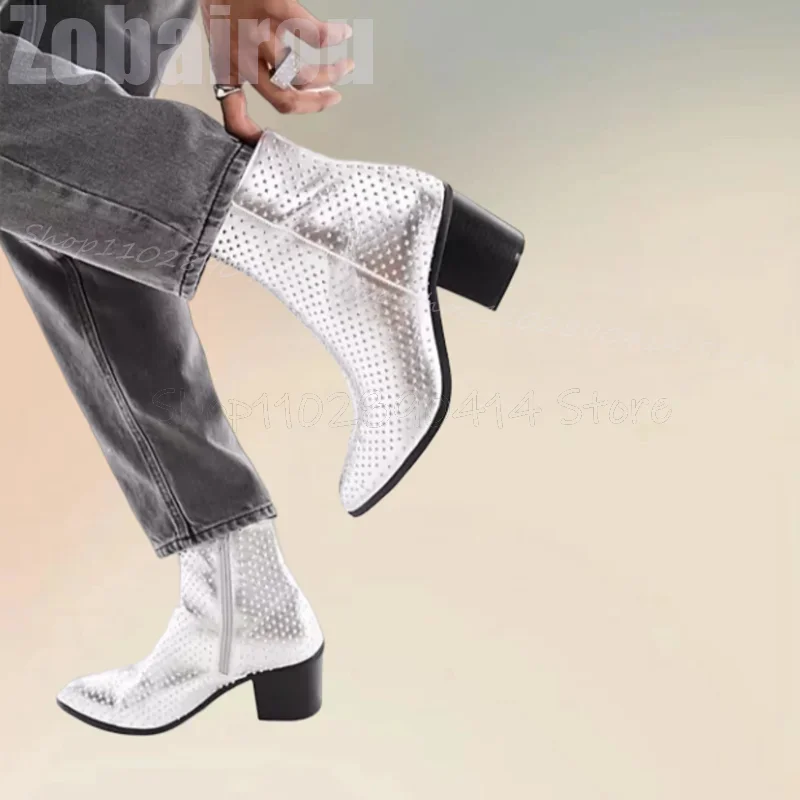Zilveren Klinknagels Decor Puntschoen Hoge Hak Laarzen Mode Zijrits Mannen Laarzen Luxe Handgemaakte Party Banket Mannen Jurk Schoenen