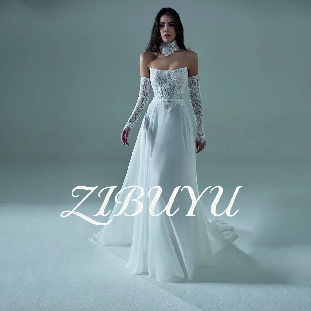 

ZIBUYU Customized Boho A-Line Wedding Dress Strapless Bodice Detachable Lace Long Sleeves Chiffon Backless Tulle Bridal Gown