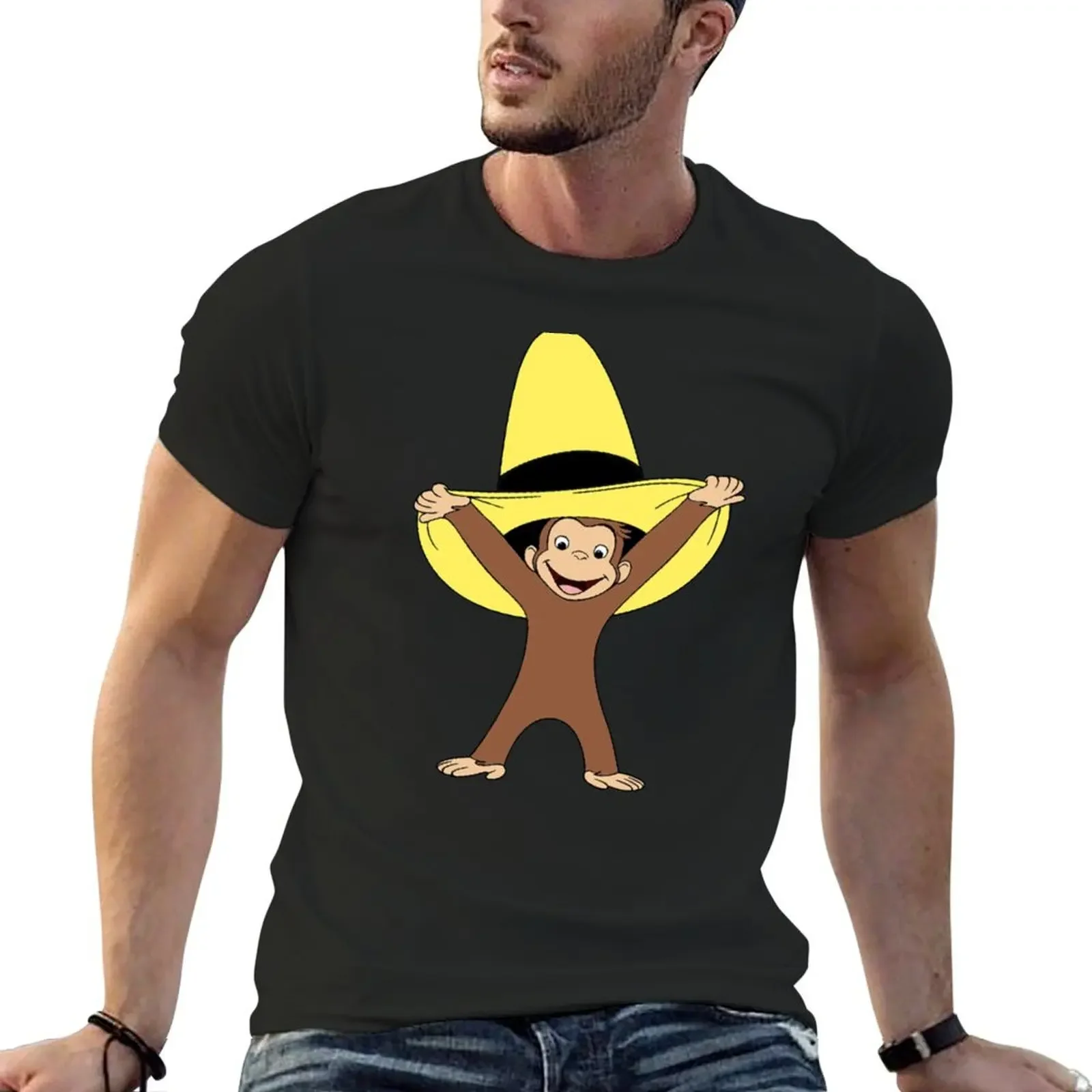 Curious George and the big yellow hat T-Shirt custom shirt blue archive mens funny t shirts