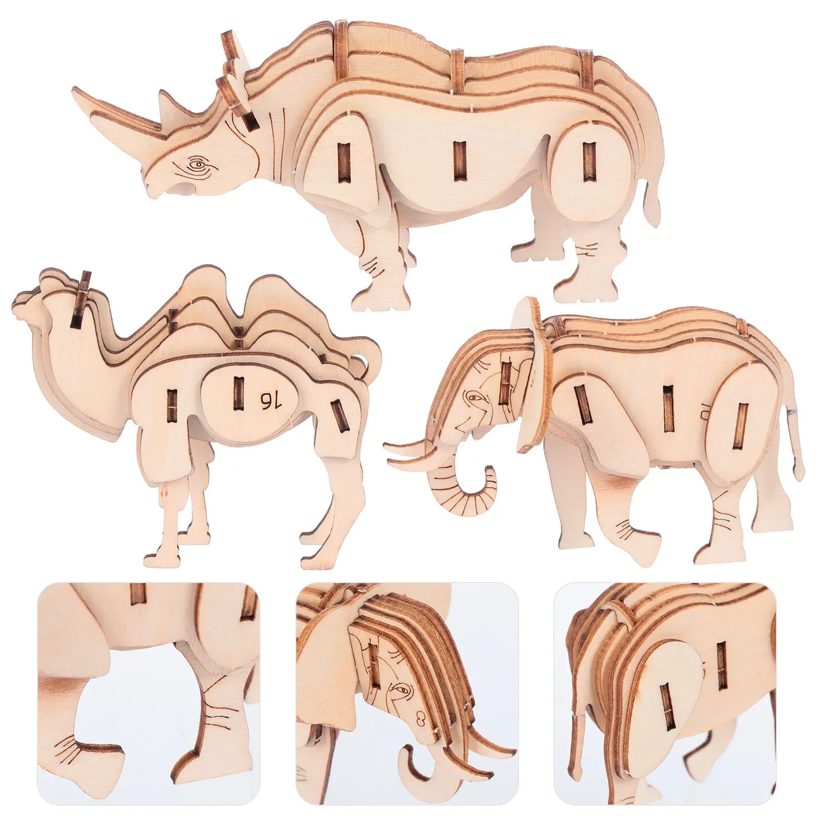 3Pcs 3D Wooden Animal Puzzle Educational Crafts Eco Friendly Brain Development DIY Assembly Smooth Polished Parts