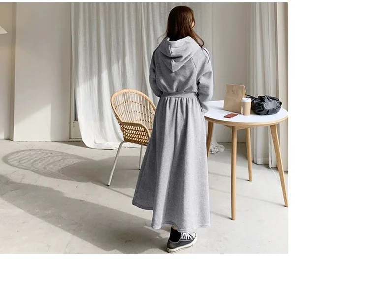 Koreanischer Stil, Herbst-Winter-Kapuzen-Sweatshirt-Kleid, Übergröße, tailliert, einfarbig, langes Kleid für Studentinnen und Frauen, lässig – Detail 15