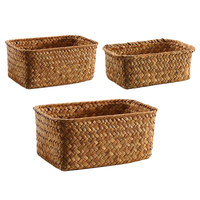 3pcs Straw Woven Storage Baskets Multifunctional Desktop Sundry Organizer For Daily Use Household Fruit Basket Retro Wicker