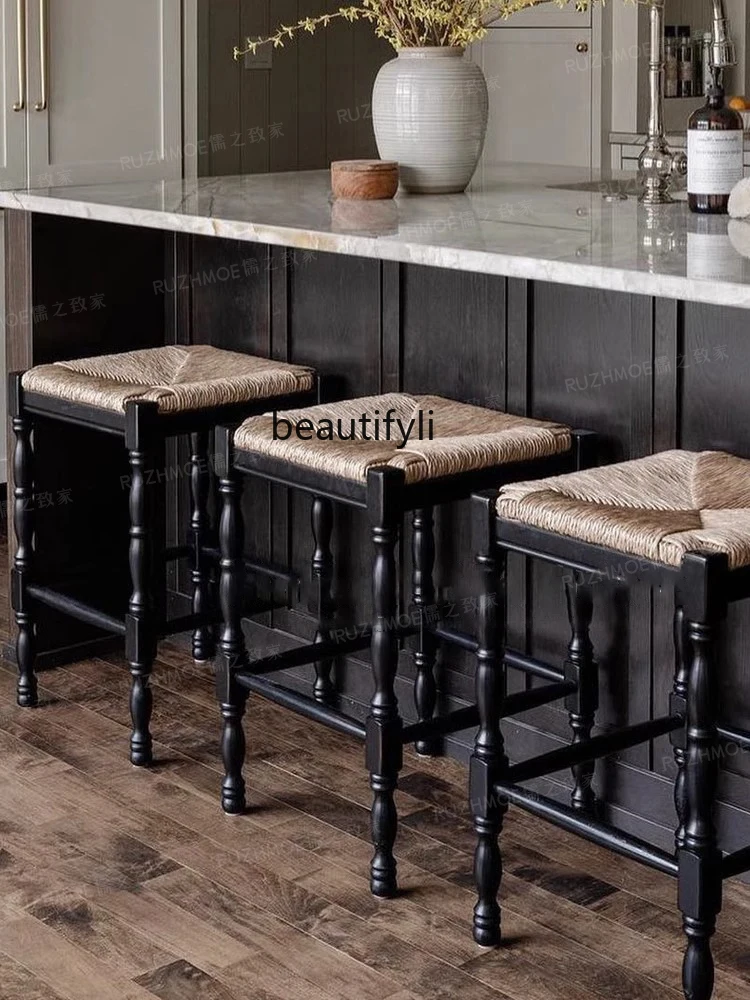 Mid-Ancient Solid Wood Bar High-Leg Woven Stool Bar Rattan Chair French Home Black Chair chairs for bedroom