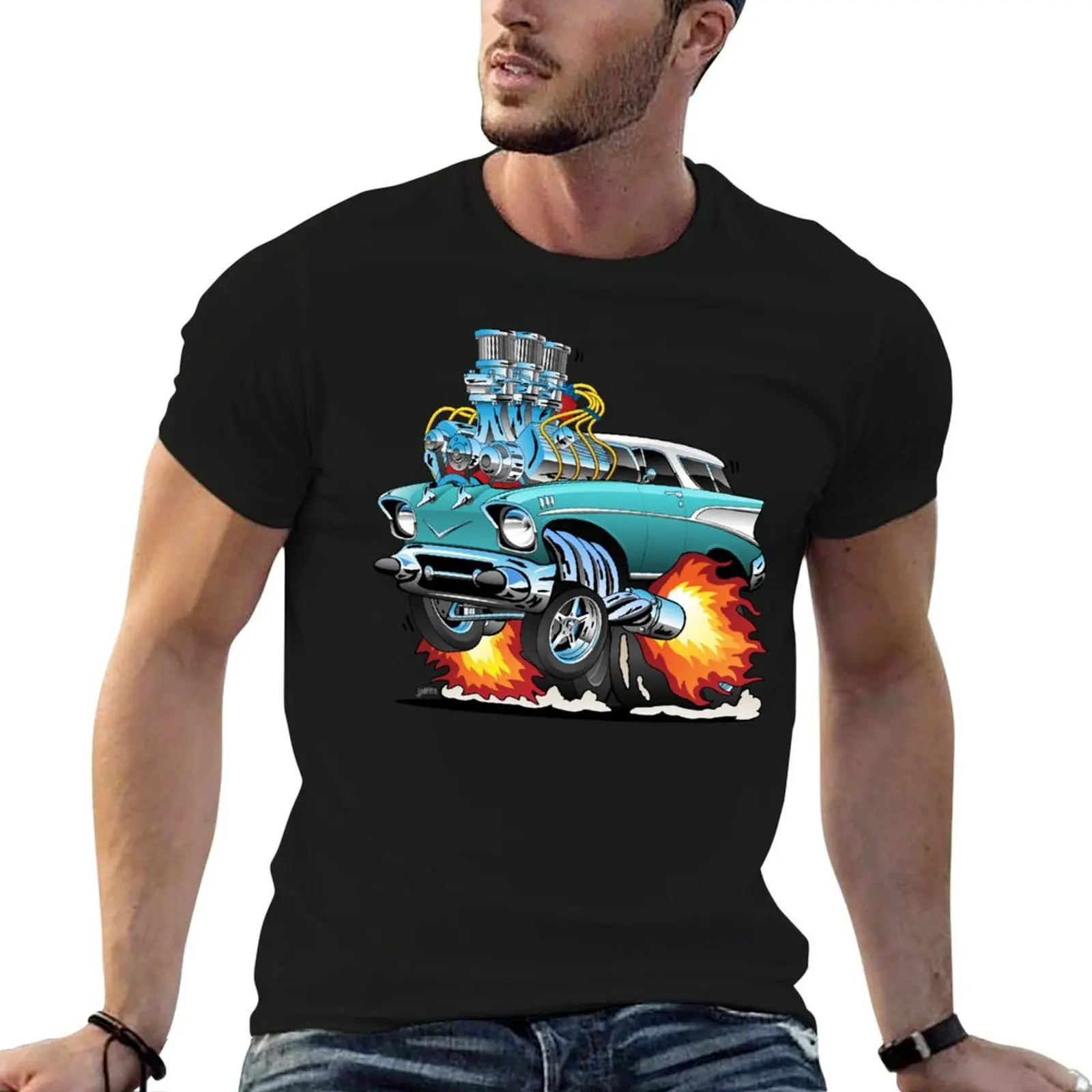 

Classic Fifties Hot Rod Muscle Car Cartoon T-Shirt t shirts for man pack cotton man graphic t shirt T-Shirt