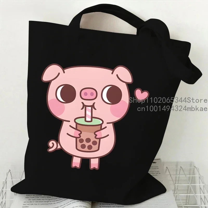 Burger Pig Pattern Cartoon Canvas Tote Bag Women Men Reusable Shopper Bag Cute Hamburger Animal Fashion Teen Shoulder Handbags