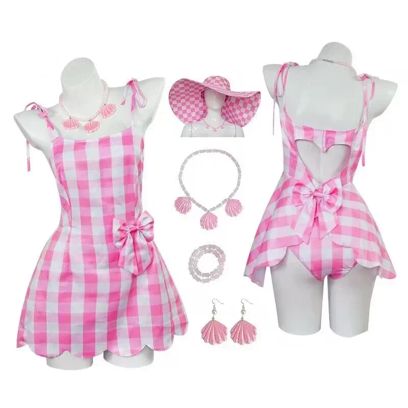 Movie Princess Cosplay Costume Margot Robbie Pink Plaid Dress for Women Kids Clothes Suit Halloween Party Uniform Roleplay