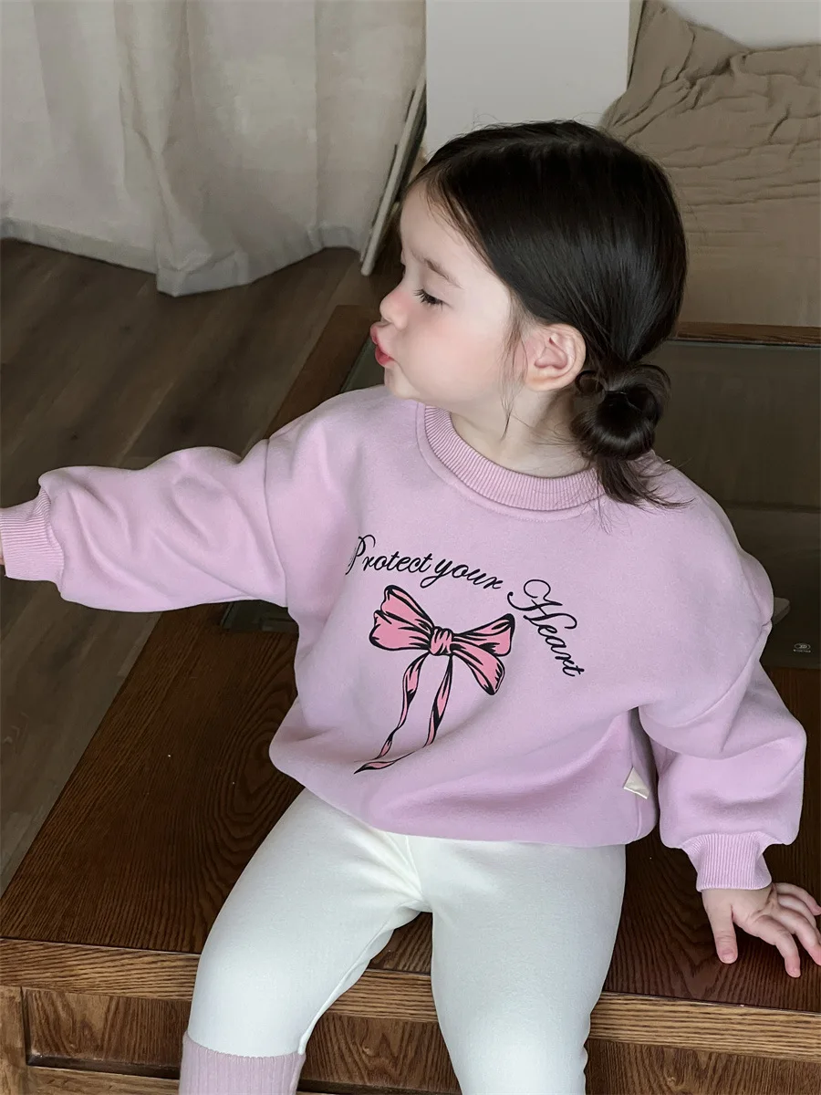 2024 Autumn New Baby Fleece Sweatshirt Infant Girls Cartoon Print Casual Pullover Plus Velvet Thick Warm Tops Toddler Clothes