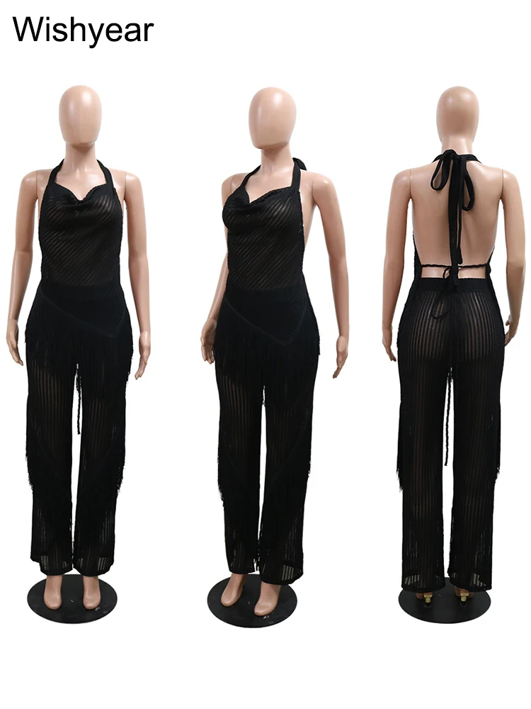 New Tassels Patchwork Two 2 Piece Women Sets Sexy Halter Crop Tops and Wide Leg Pants Matching Birthday Autumn Baddie Outfit Hot