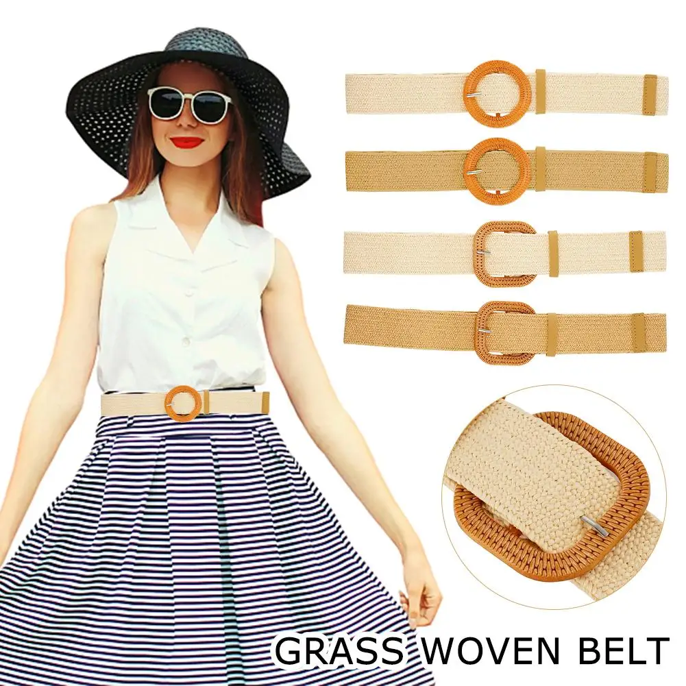 

Straw Woven Belt Stretch Waist Belts For Women Elastic Boho Ladies Straw Braided Dress Belt Beach Wide Belt Skinny Band A2W1