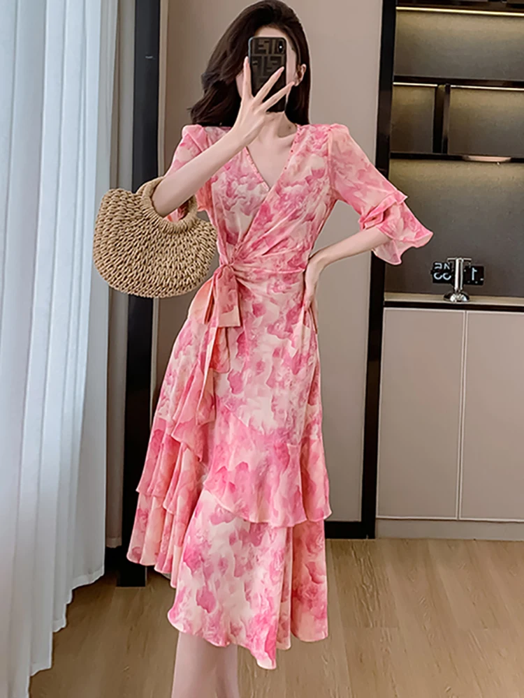 Women Boho Print Mesh Casual Festival Long Dress Summer Elegant Chic Ruffled Bandage Dress 2024 Korean Vintage Luxury Prom Dress