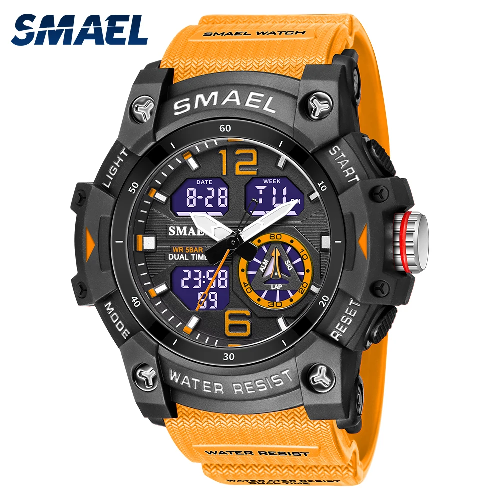 SMAEL Sport Watch mężczyźni Alarm Chronograph zegar stoper LED data-Day podwójny czas strefa wodoodporna 5Bar wojskowe zegarki męskie 8007