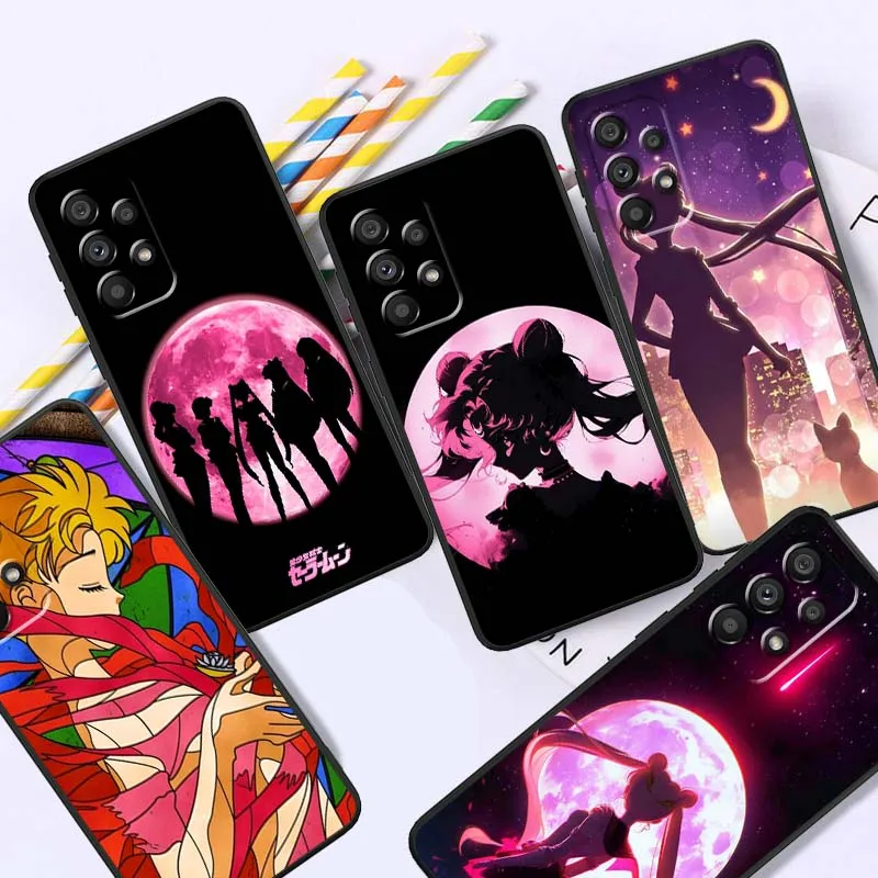 

S-Sailor M-Moon Cartoon Art Phone Case For Samsung A73 A72 A71 A55 A54 A53 A52 A51 A13 A22 A16 A15 A05s A14 A05 A06 5G Black