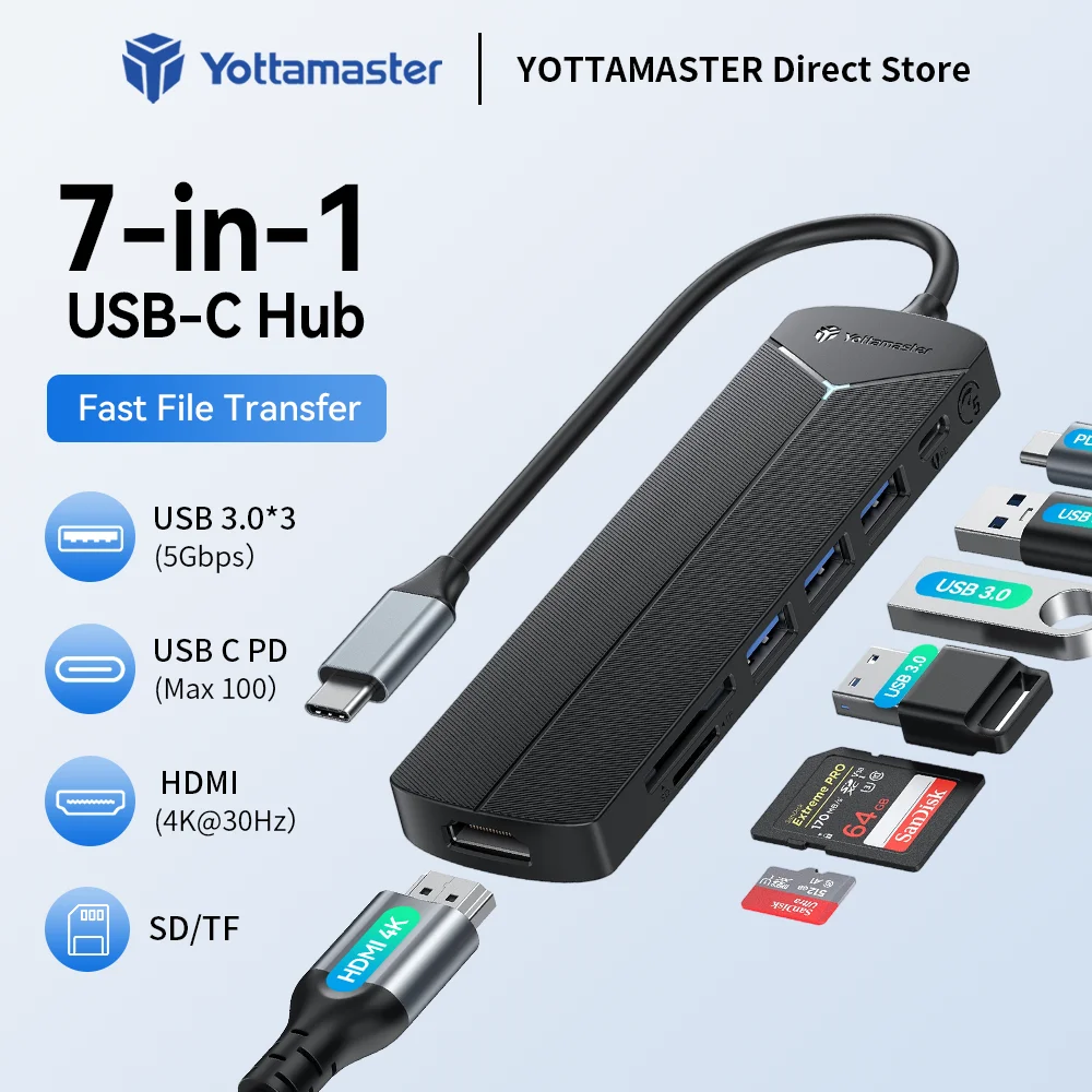 Yottamaster 7-in-1 USB 3.0 Docking Station PD 100W Hub 5Gbps Splitter Switch Dock Multi Port SD/TF Card Socket Type C Gen2 HDMI