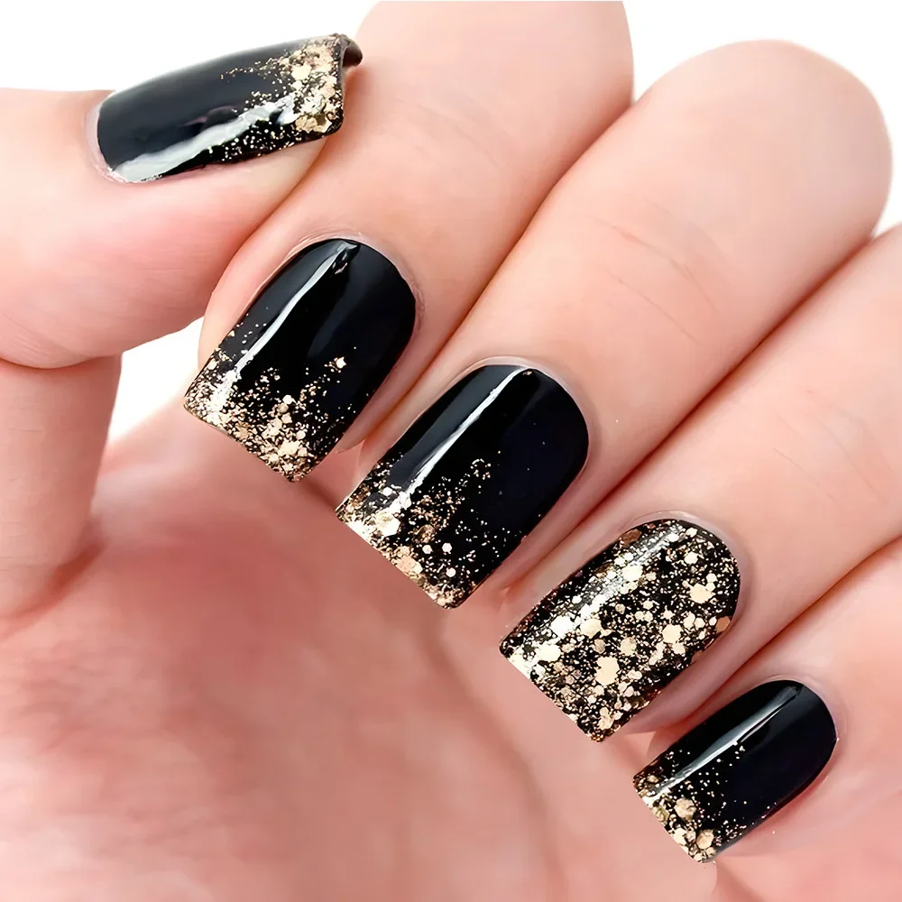 24pcs Black Short Square Fake Press on Nails with Floral Acrylic Fake Nails Gold Foil Glitter Stick on Nail Sweet Cool Nails Art