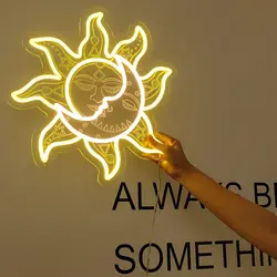 Sun Moon Neon Sign, Retro Vintage Mystic Burning Sun Moon Led Neon Light, Sun Moon Night Lamp for Wall Decor Bedroom Home Party