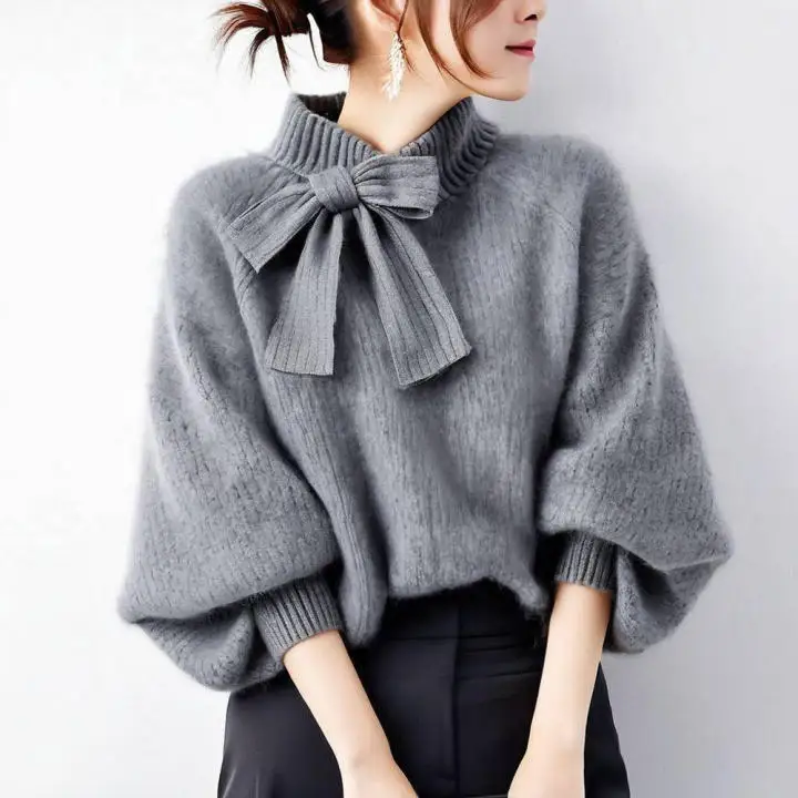 New Women's Bow Tie High Neck Lantern Sleeve Loose Pullover Sweater Casual Commuter Trendy Versatile Daily Wear Pullover Sweater