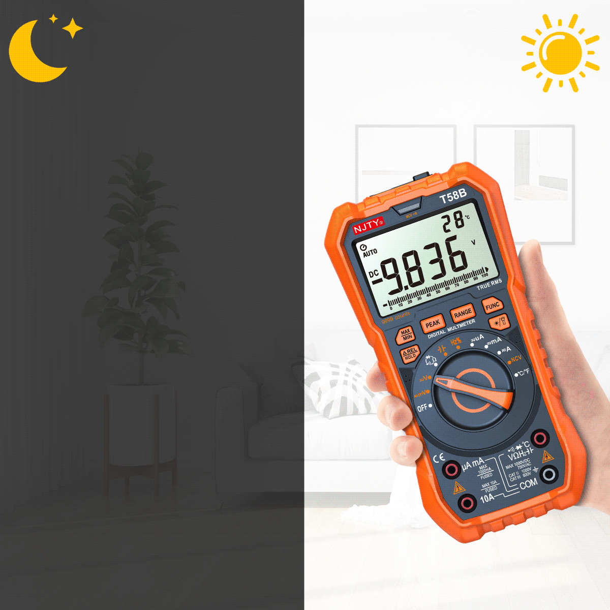 NJTY T58B T58C Induktivitäts-Digitalmultimeter, automatischer Bereich 9999 Zählungen, Spannung, Strom, Kapazität, LED, intelligente Hintergrundbeleuchtung, großer Bildschirm – Detail 3