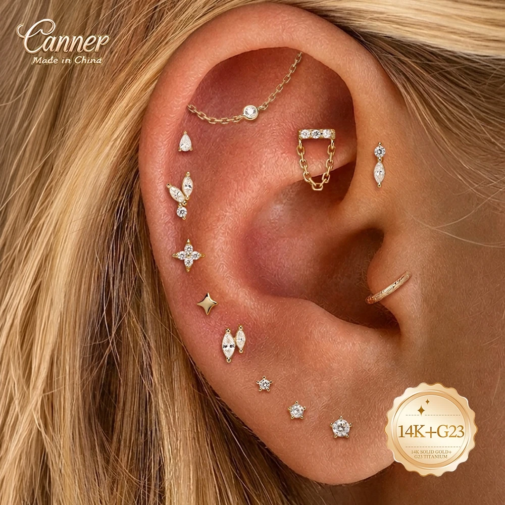 Image of CANNER 14K Massivgold CZ Knorpelpiercing Lippenstecker Ohrringe Innengewinde Labret Conch Lucky Koi Mini Schmuck für Frauen Geschenk