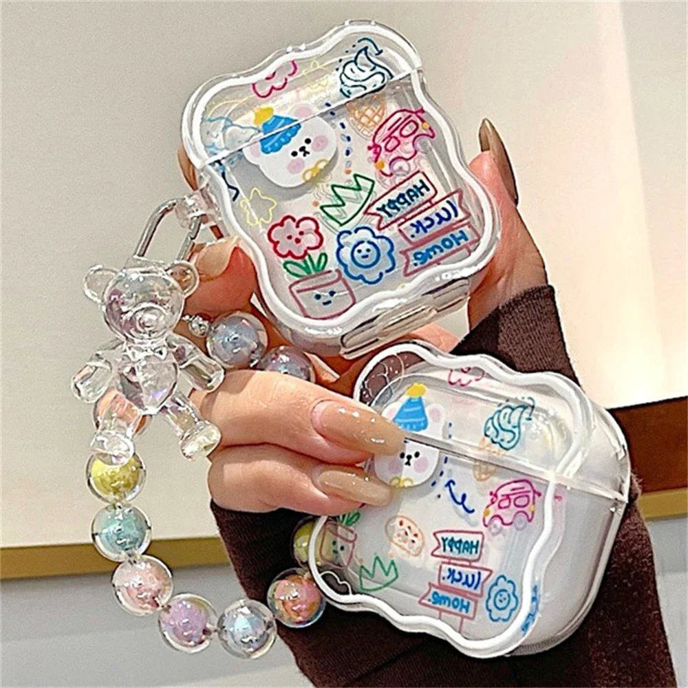 INS Clear Graffiti Bear Case For AirPods 4 3 1 Cute Transparent Cover Three-dimensional creative Earphone Case For Airpod Pro 2