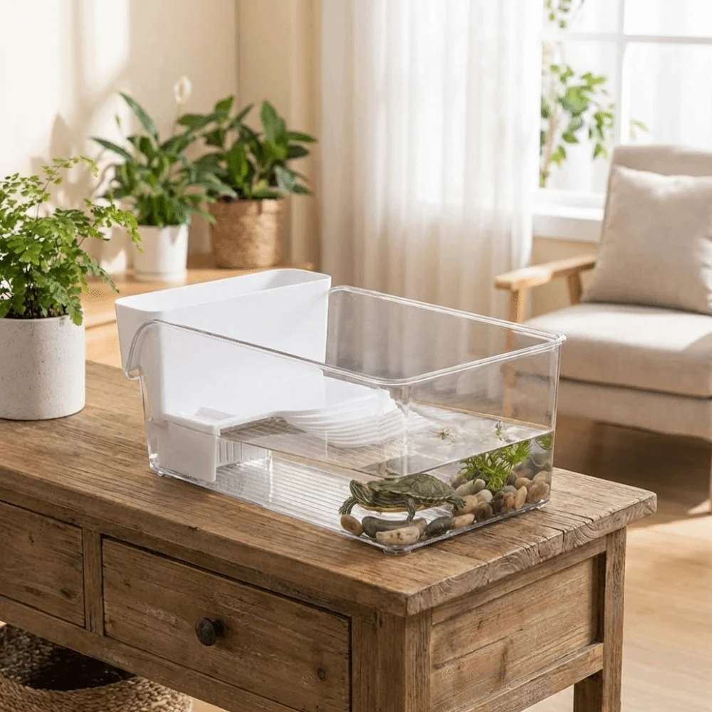 

Transparent Turtle Tank Dry Wet Separation Plastic Turtle Basking Platform Basking Area with Climbing Spot Reptile Terrarium