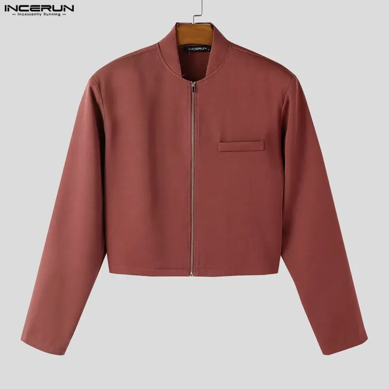 

INCERUN Men Blazer Solid Color Stand Collar Long Sleeve Zipper Male Suit Streetwear 2026 Spring Fashion Casual Crop Coats Men